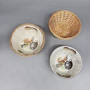 Two Vintage mcm Capri pattern By Royal Sealy Japan Small bowls wooden Baskets